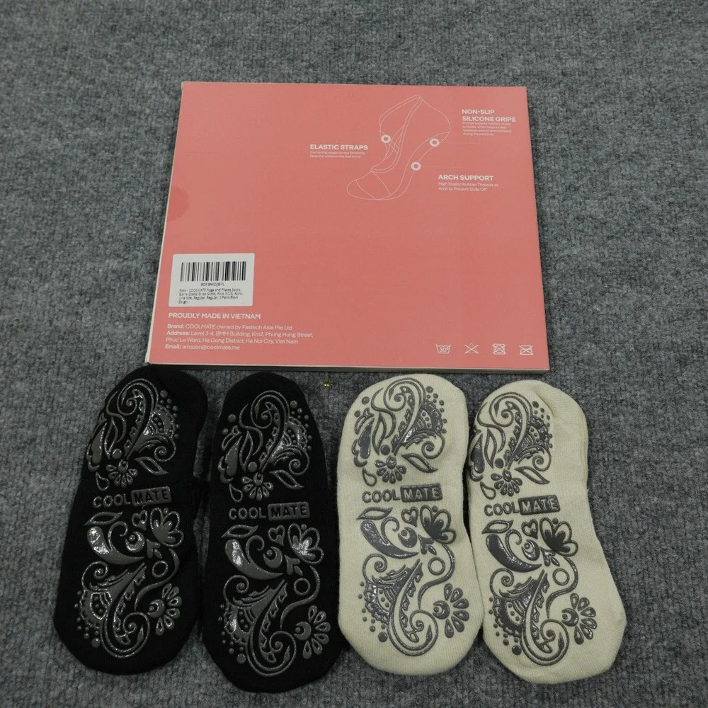 Coolmate Socks Yoga Womens 6-10 Black Beige Barre Elastic Non-Slip Grip 2 Pair